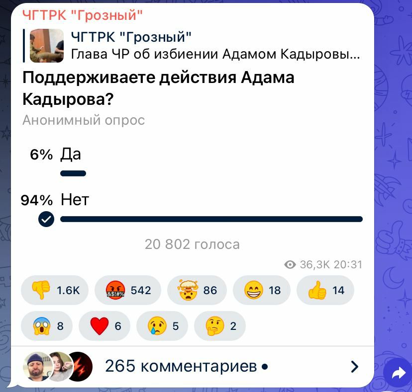 ЧГТРК «Грозный» запустил опрос в своем телеграм-канале о действиях сына главы Чечни Адама Кадырова